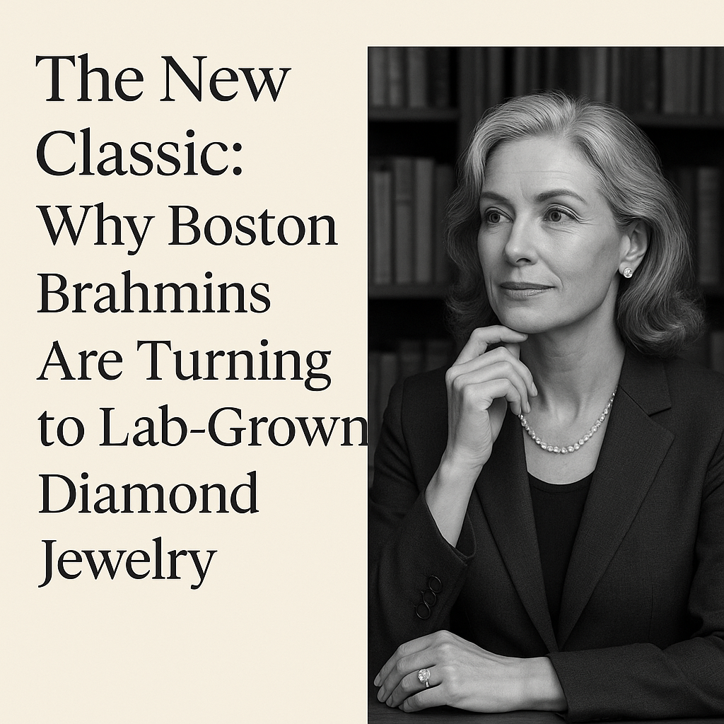Boston Brahmins turning to lab-grown diamond jewelry in a chic, modern setting, highlighting contemporary elegance.