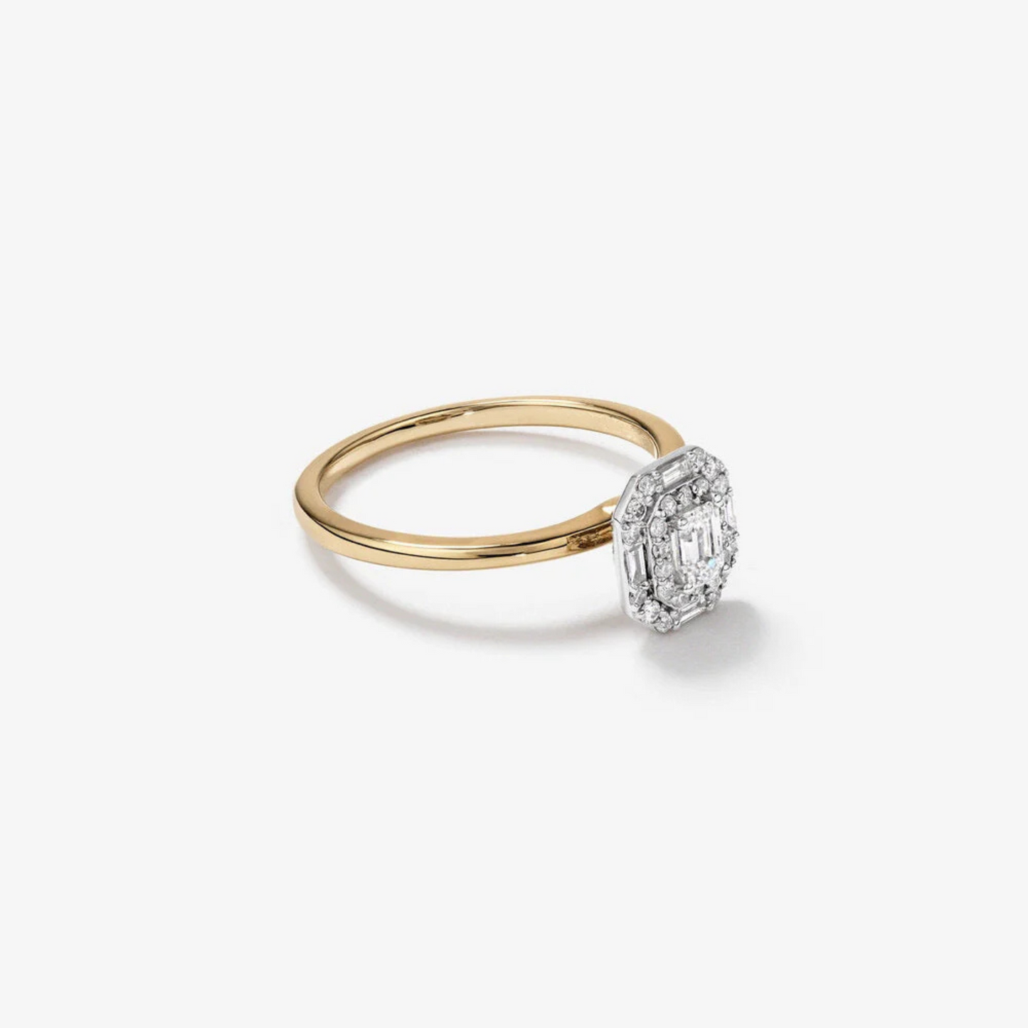 0.51 Carat TW Emerald Cut Diamond Baguette and Round Brilliant Halo Engagement Ring in 14kt Yellow and White Gold