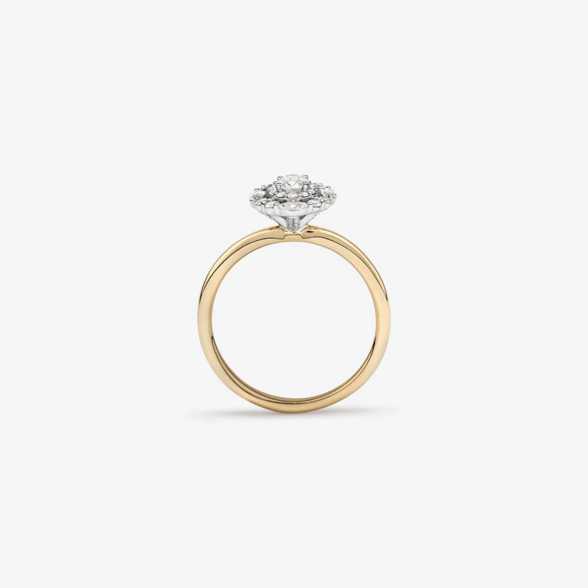 0.61 Carat TW Oval Cut Diamond Marquise and Round Brilliant Halo Engagement Ring in 14kt Yellow and White Gold