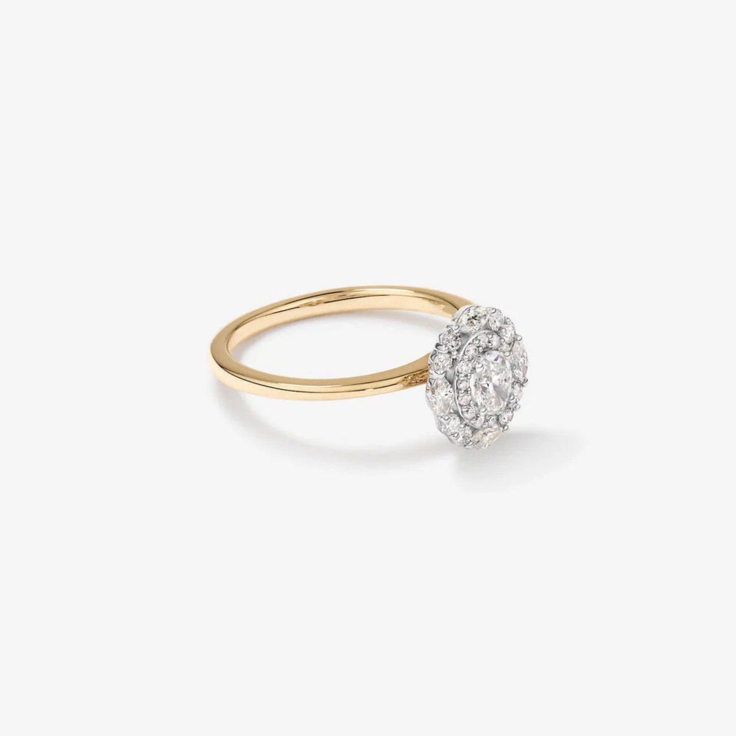 0.61 Carat TW Oval Cut Diamond Marquise and Round Brilliant Halo Engagement Ring in 14kt Yellow and White Gold