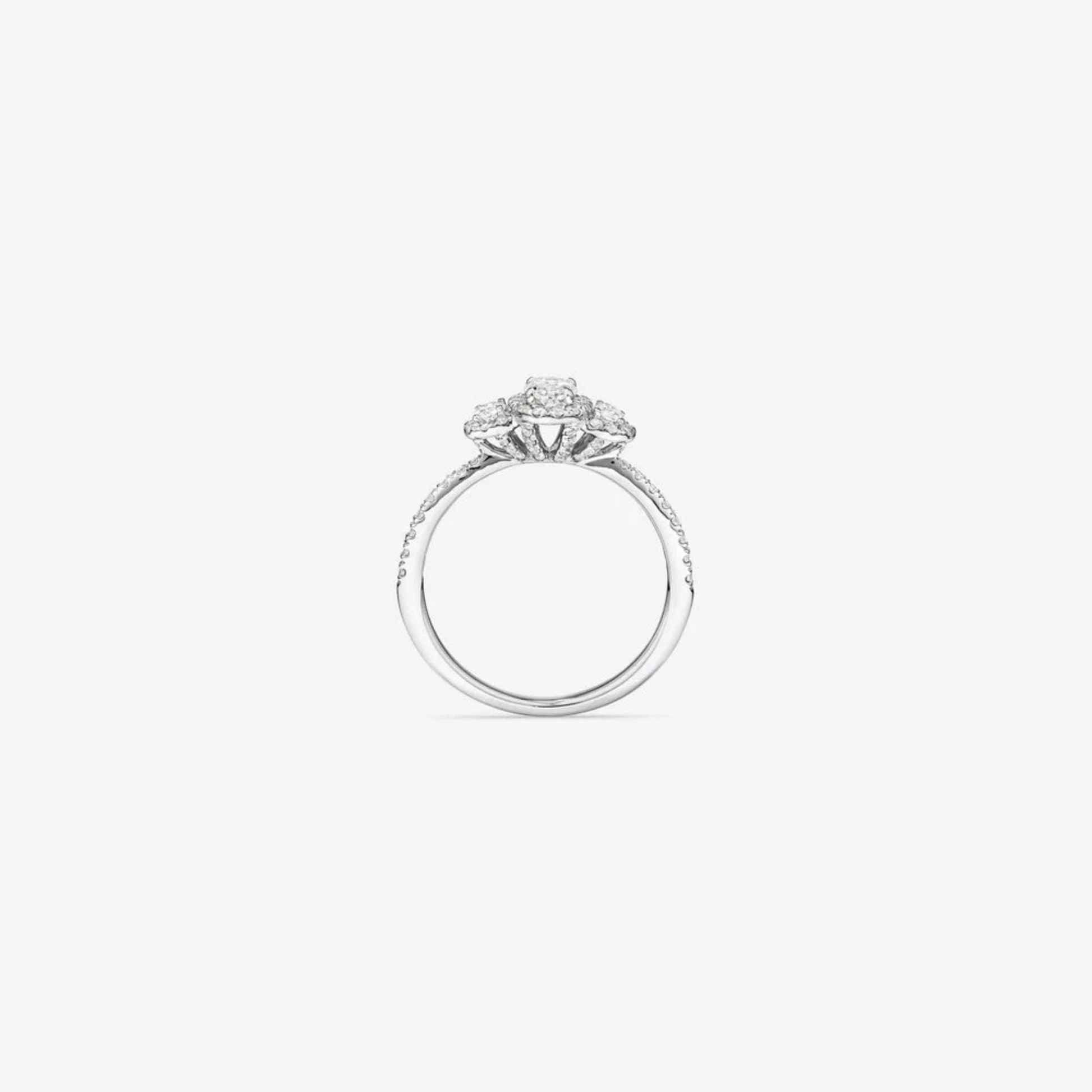 0.77 Carat TW Three Stone Oval Cut Halo Engagement Ring in 14kt White Gold
