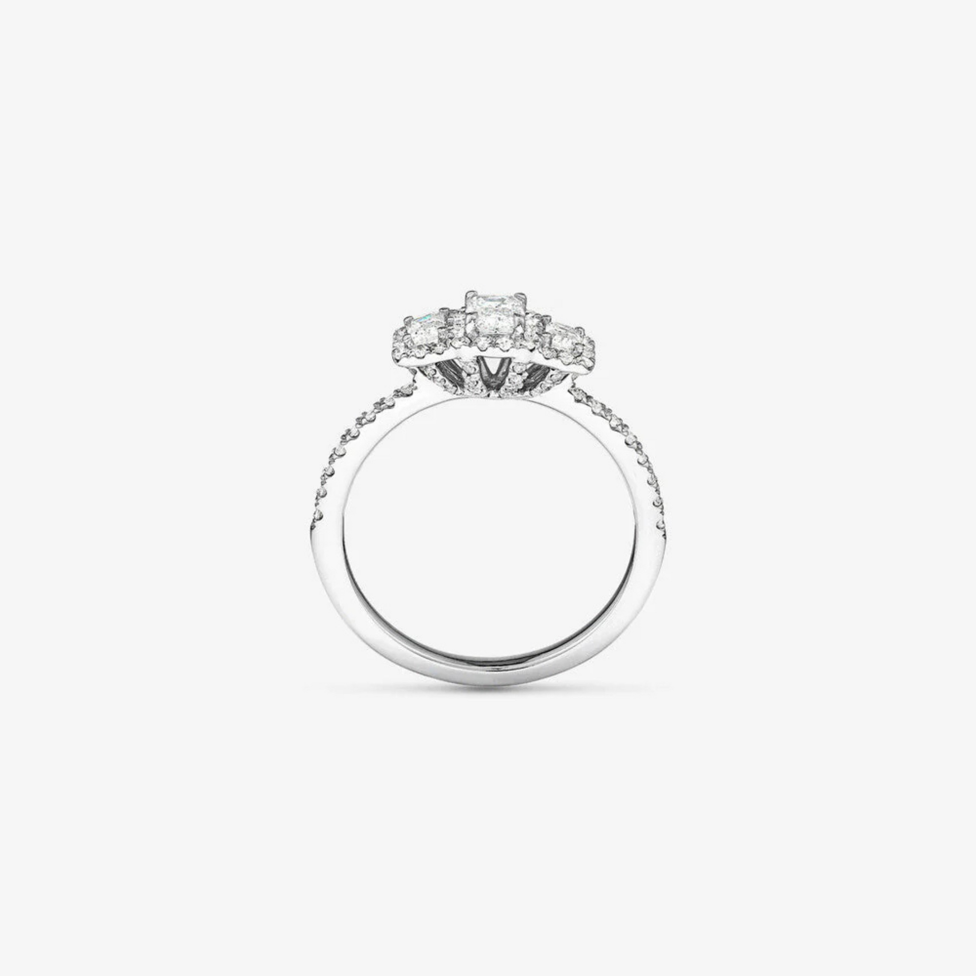 0.80 Carat TW Three Stone Emerald Cut Halo Engagement Ring in 14kt White Gold