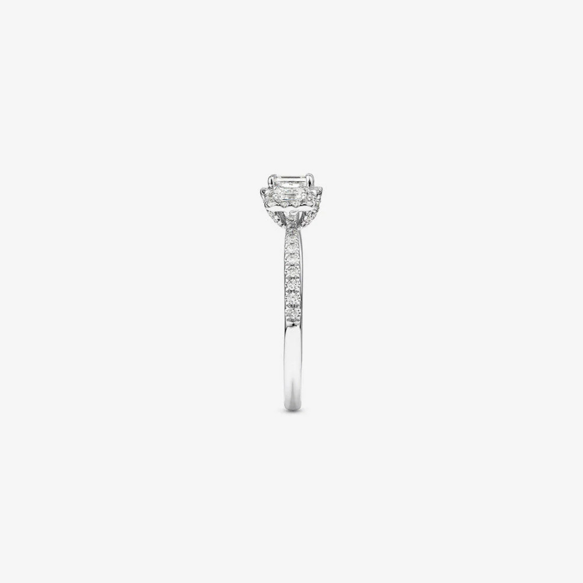 0.80 Carat TW Three Stone Emerald Cut Halo Engagement Ring in 14kt White Gold