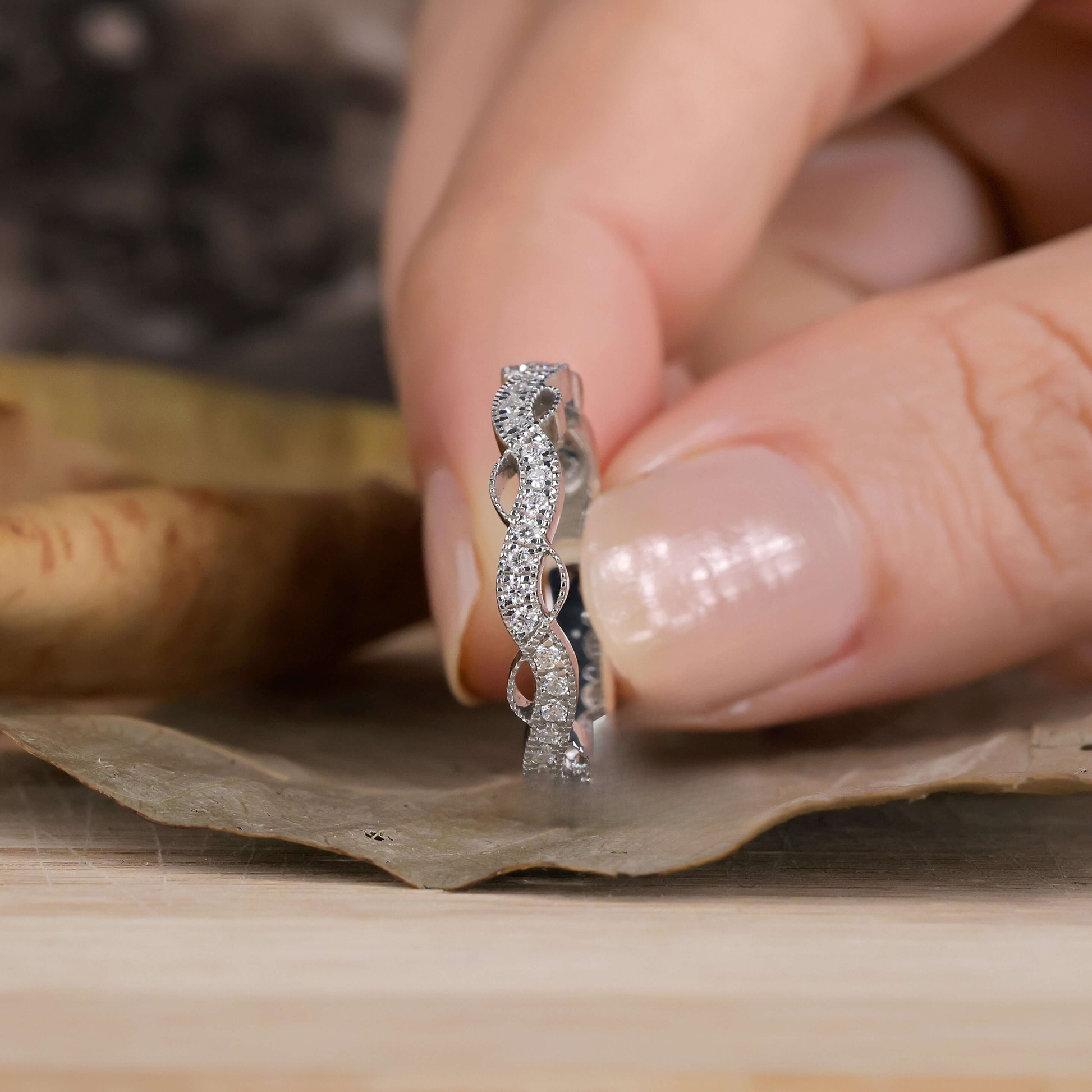 1.20 MM Round Lab Grown Diamonds Band, Wave Design Vintage Wedding Band