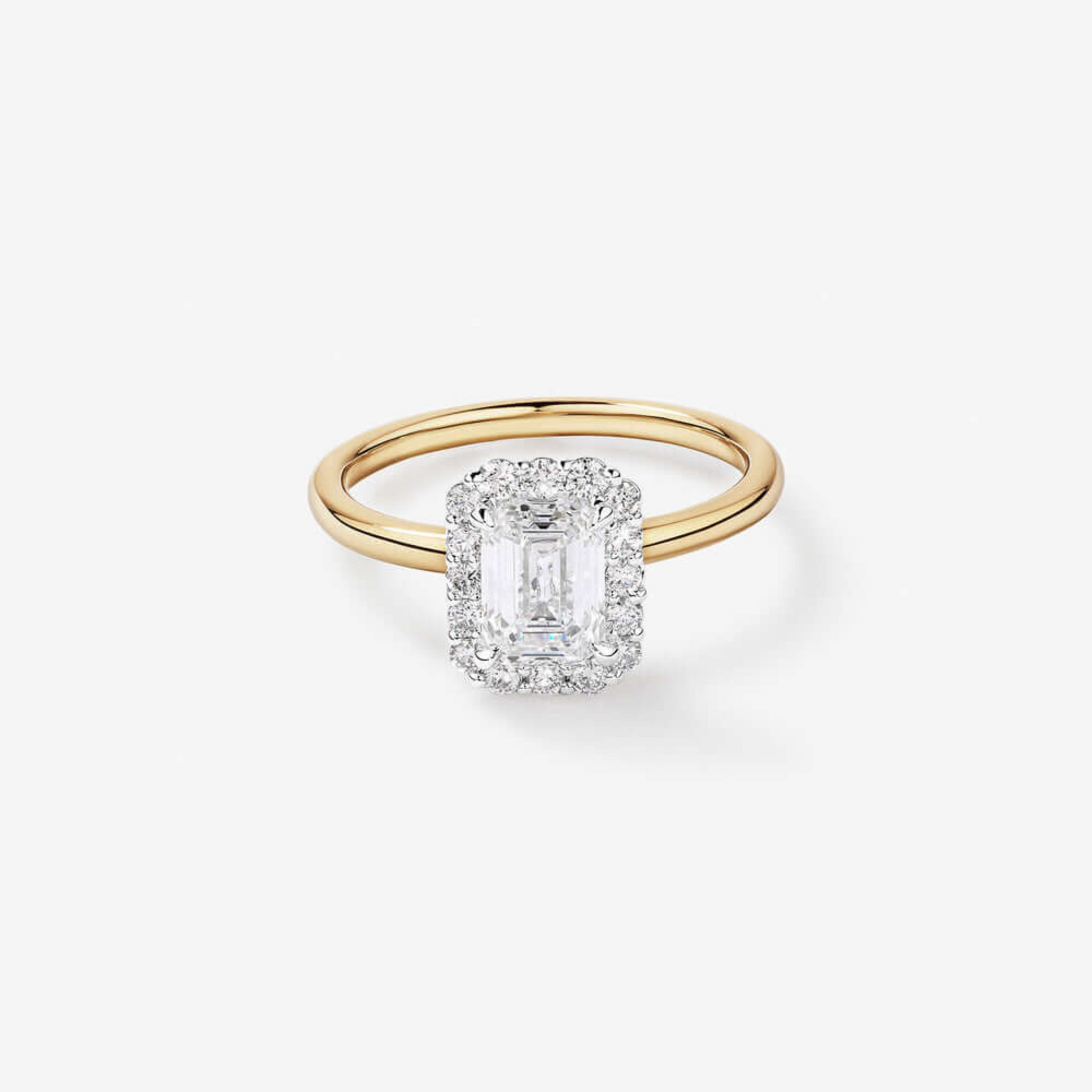 1.46 Carat TW Emerald Cut Laboratory-Grown Diamond Halo Engagement Ring in yellow and white gold
