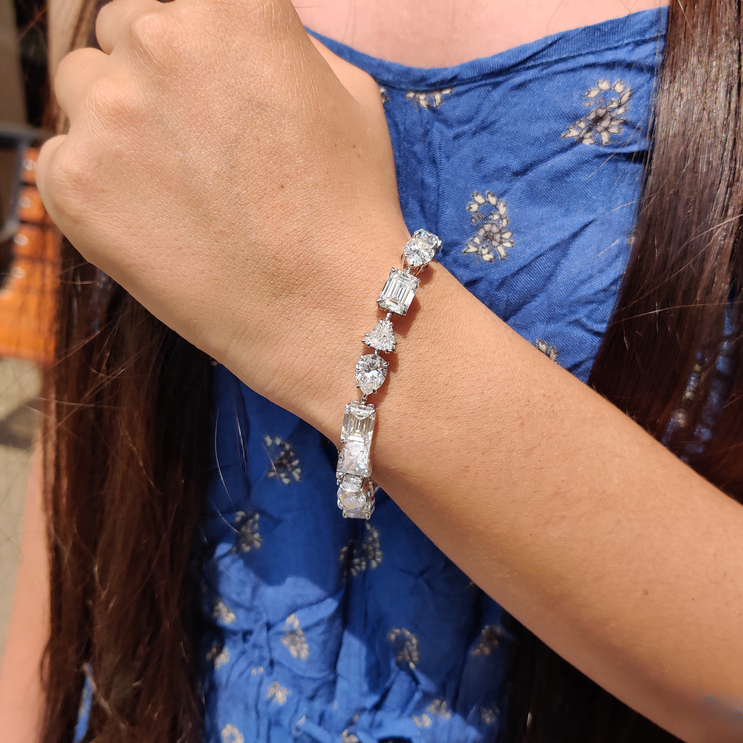 Multi Shape Colorless Moissanite Tennis Bracelet, Celebrity Style Certified Moissanite Wedding Bracelet