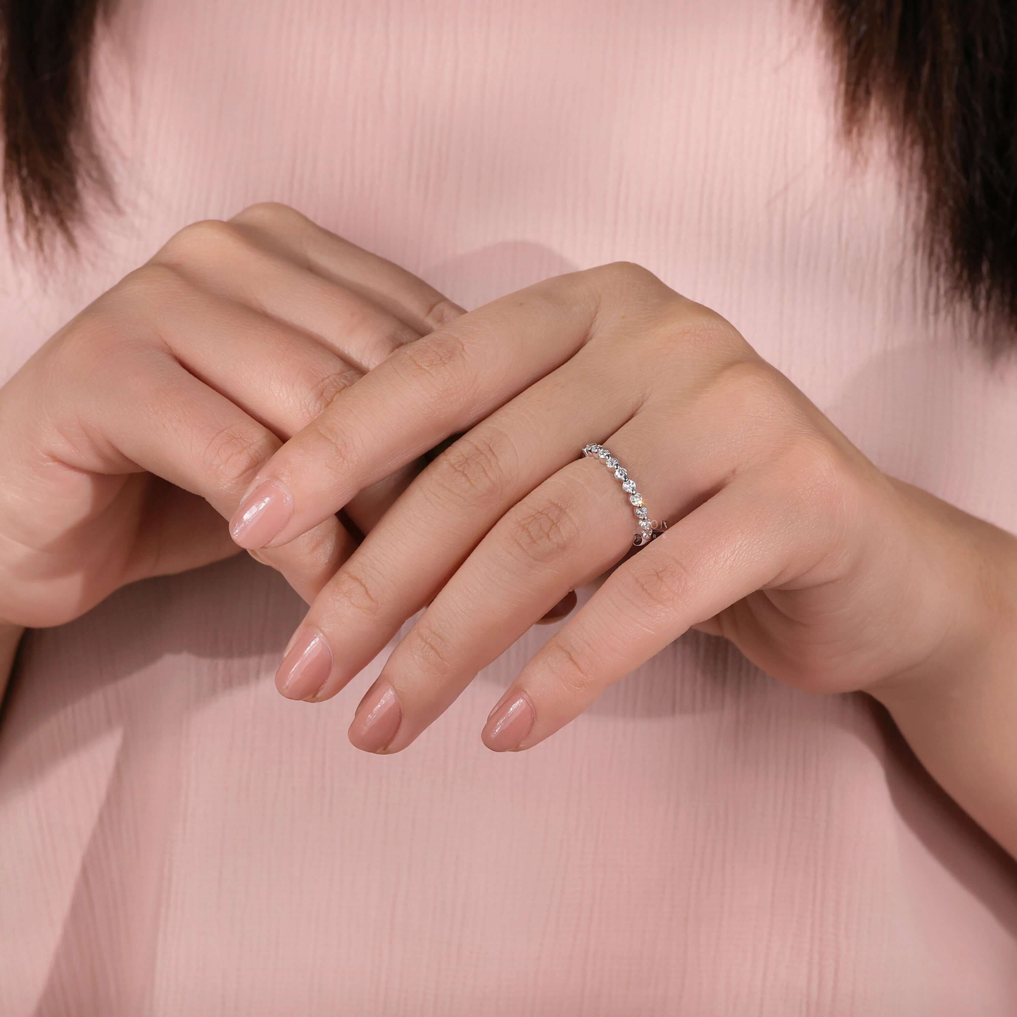 2.0 MM Lab Grown Round Diamond Bubble Band – Floating Half Eternity Stackable Wedding Ring