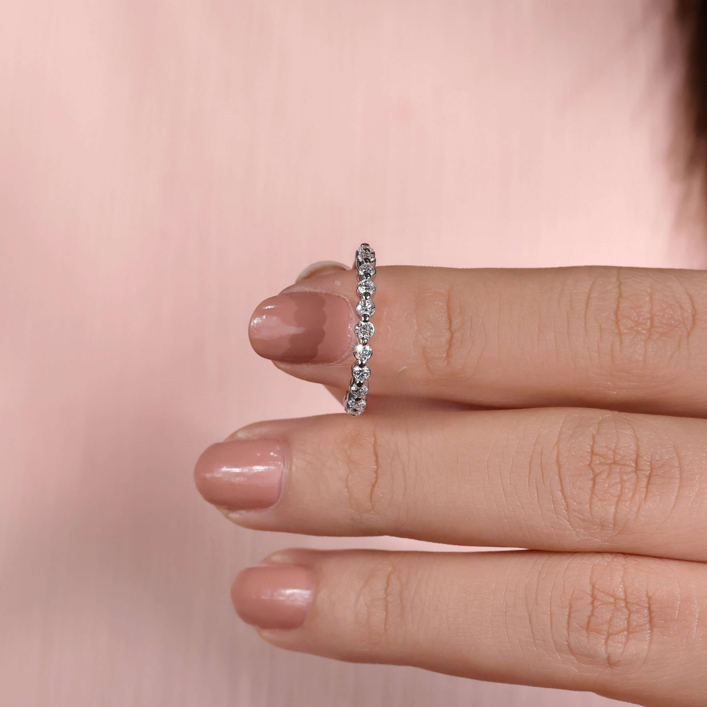 2.0 MM Lab Grown Round Diamond Bubble Band – Floating Half Eternity Stackable Wedding Ring