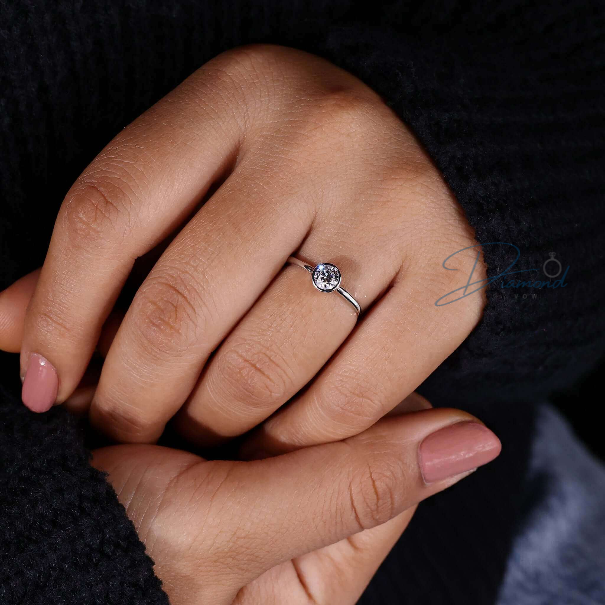 Round Bezel Set Engagement Ring, Lab Grown Diamond Ring