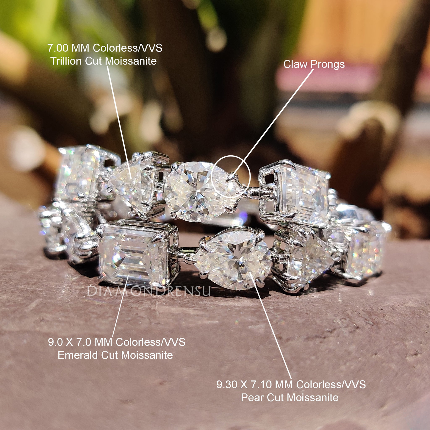 Multi Shape Colorless Moissanite Tennis Bracelet, Celebrity Style Certified Moissanite Wedding Bracelet