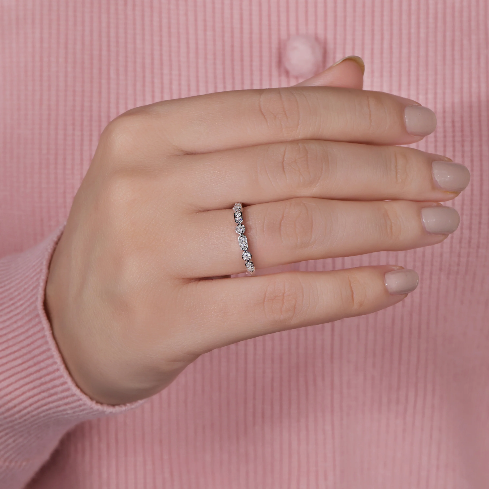 Art Deco Style Band, Round Lab Created Diamond Wedding Band, Stackable Band