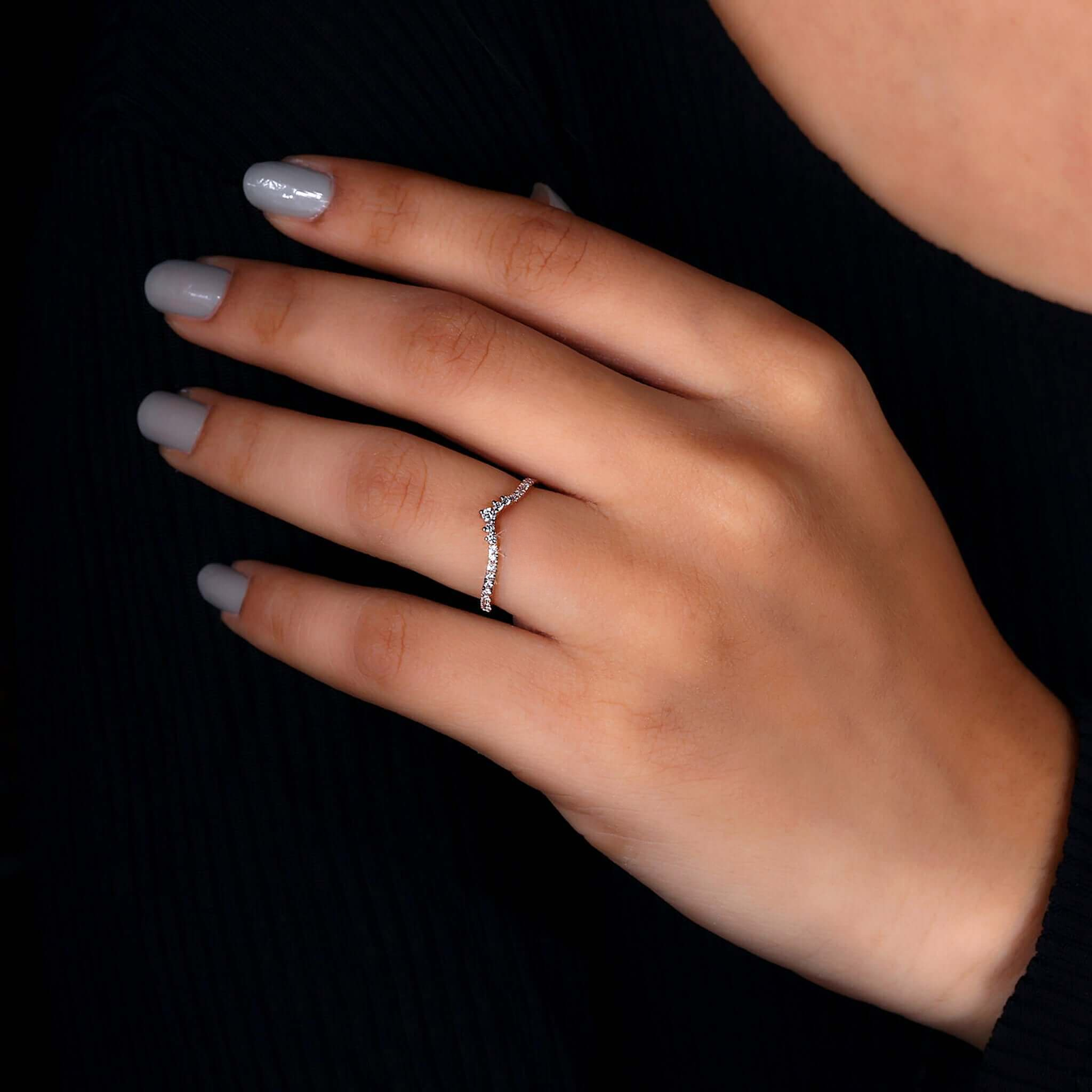 Diamond Chevron Band, Round Cut Diamond Half Eternity Wedding Band