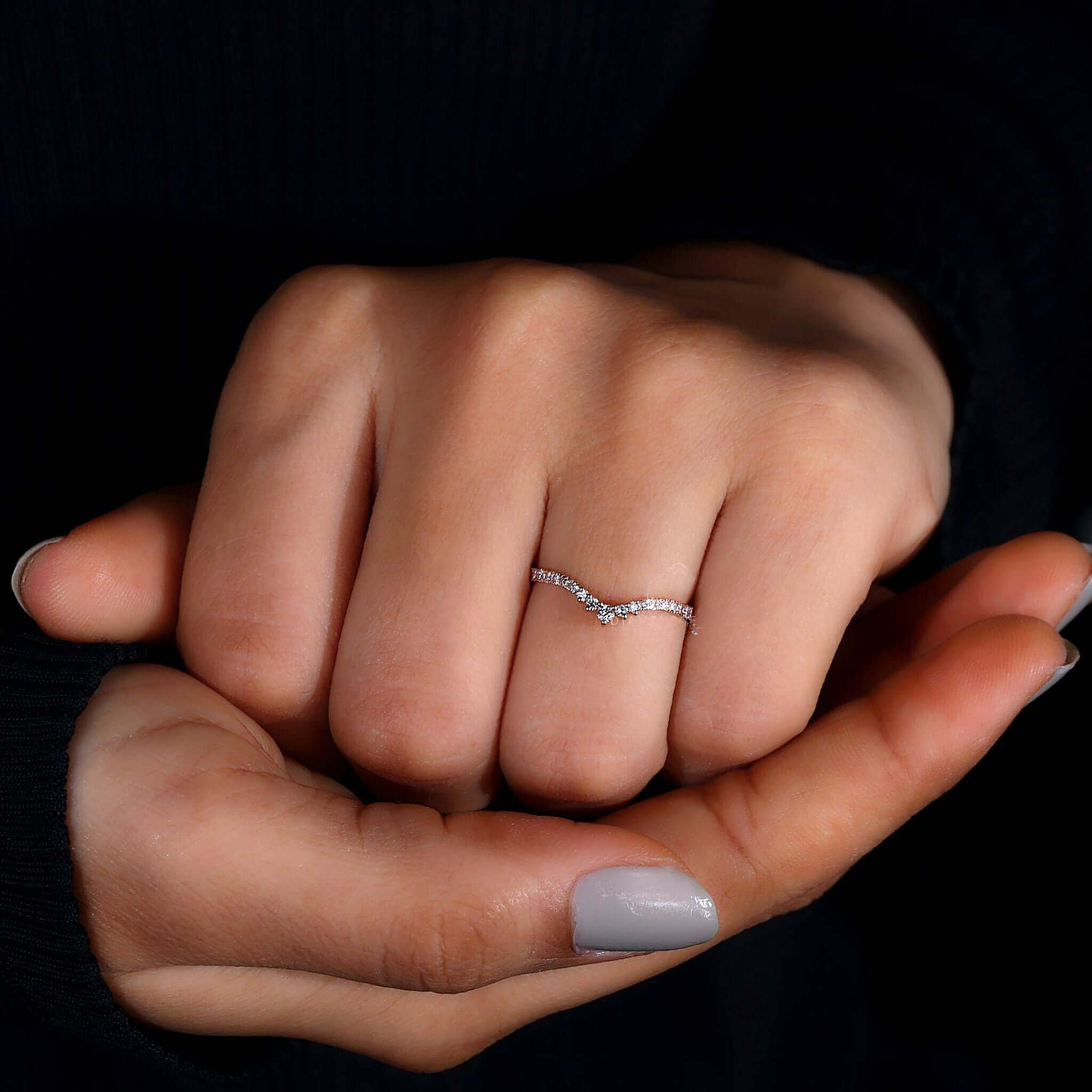 Diamond Chevron Band, Round Cut Diamond Half Eternity Wedding Band