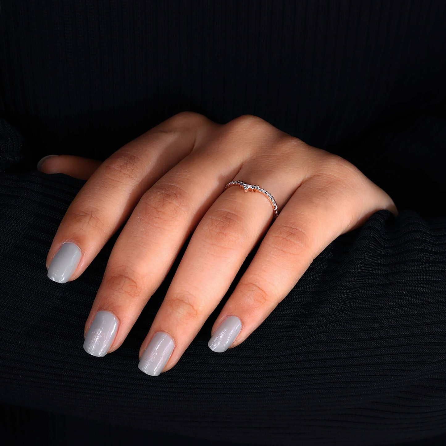 Diamond Chevron Band, Round Cut Diamond Half Eternity Wedding Band