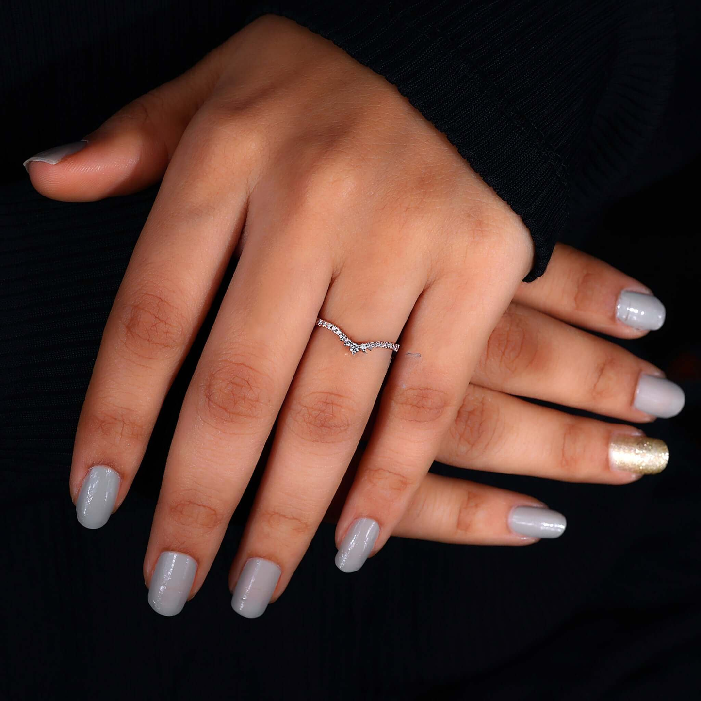 Diamond Chevron Band, Round Cut Diamond Half Eternity Wedding Band