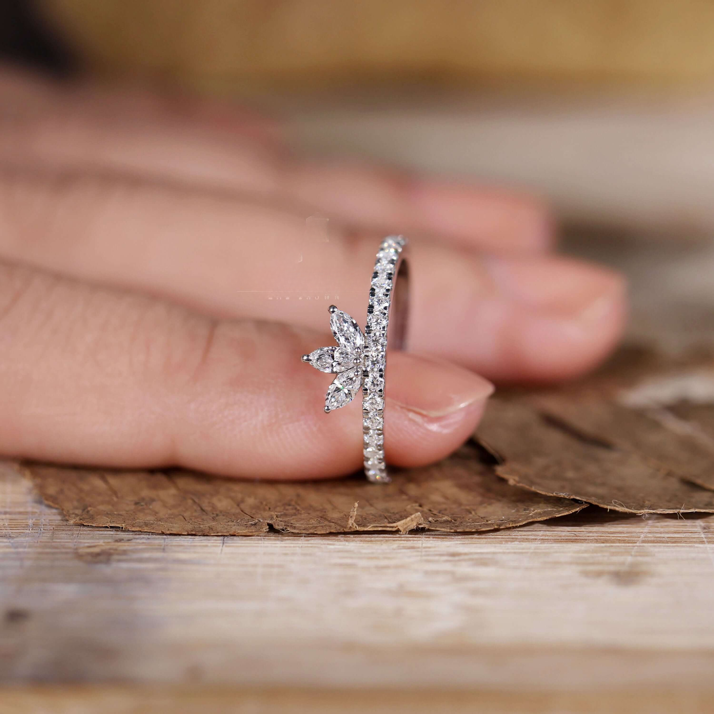 Marquise Shaped Lab-Created Diamond Ring – Tiara Style Wedding Band