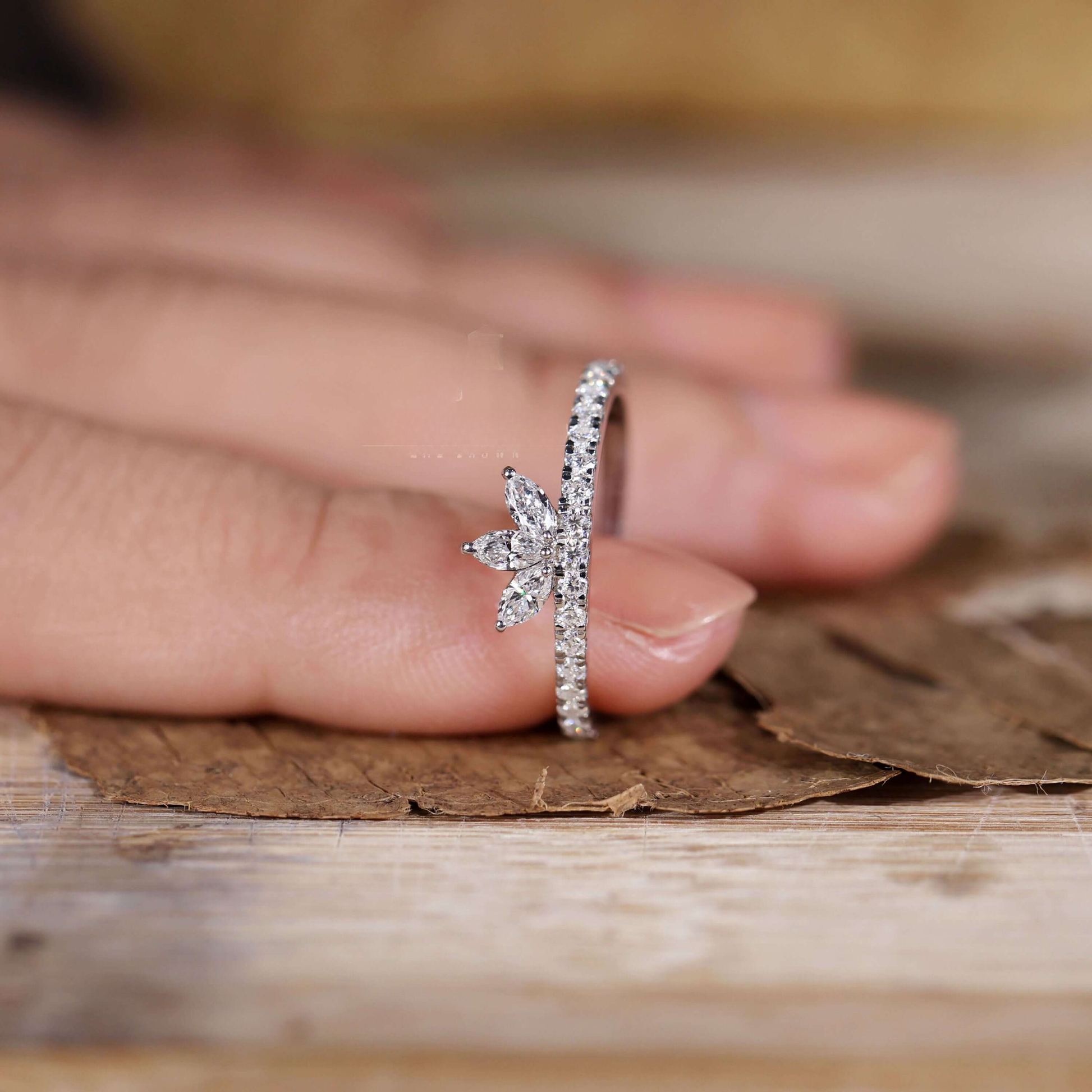 Marquise Shaped Lab-Created Diamond Ring – Tiara Style Wedding Band