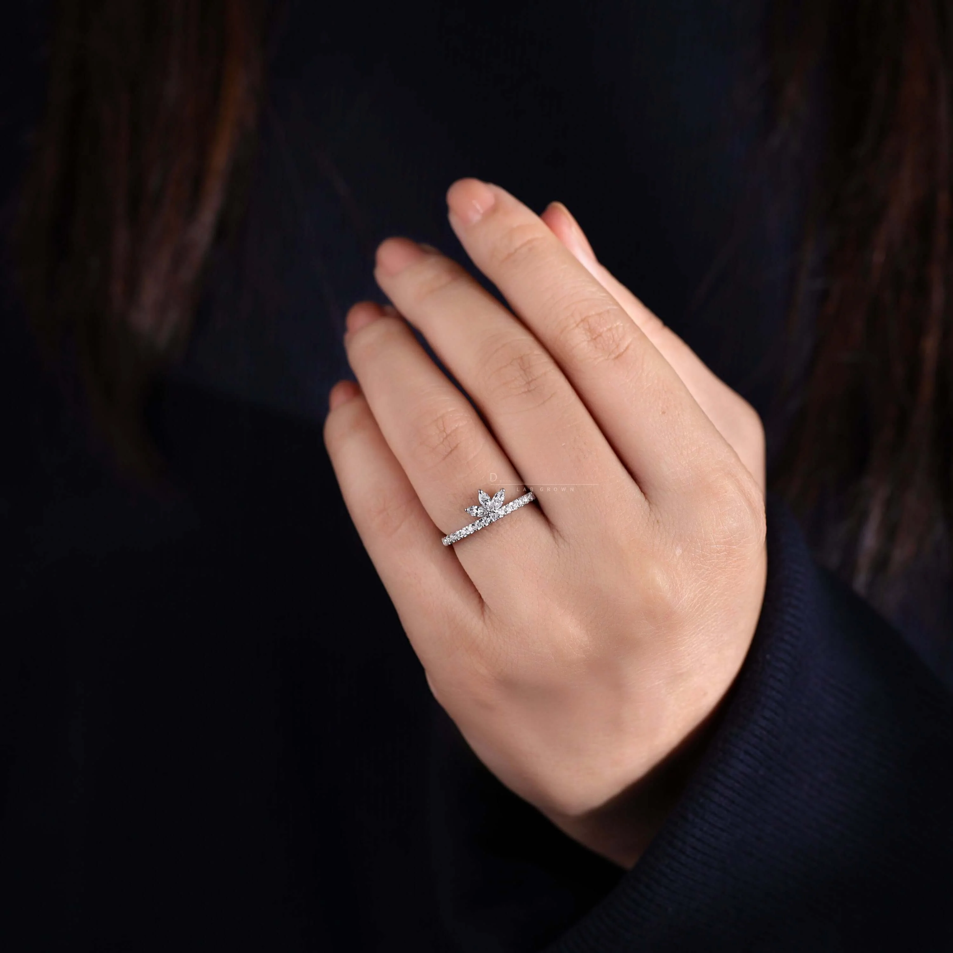 Marquise Shaped Lab-Created Diamond Ring – Tiara Style Wedding Band