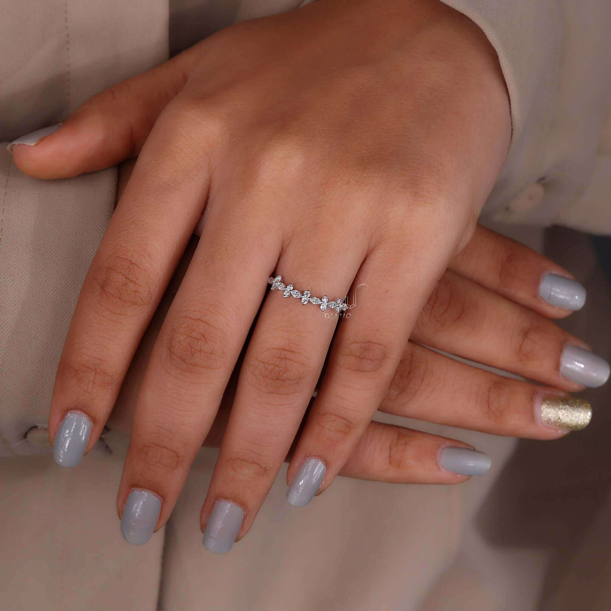 Marquise and Round Cut Lab Grown Diamond Curved Wedding Band