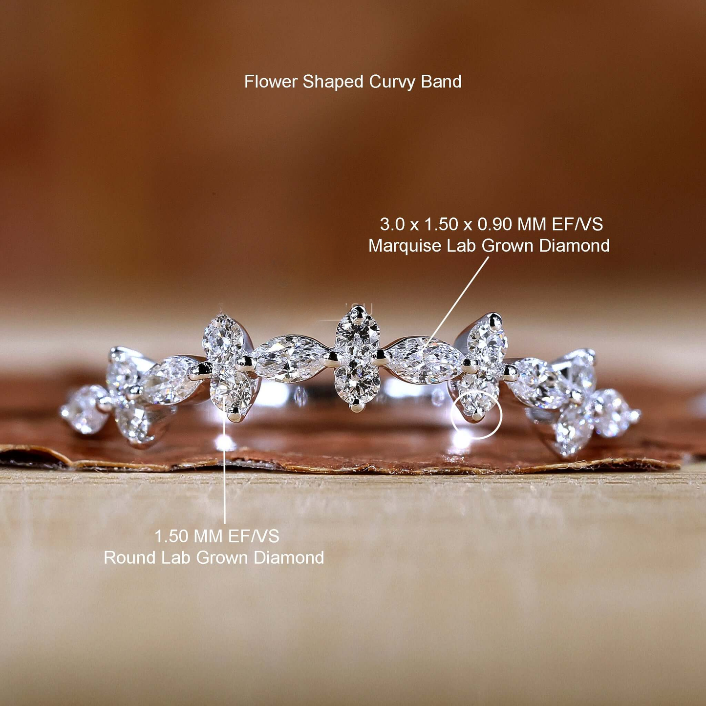 Marquise and Round Cut Lab Grown Diamond Curved Wedding Band