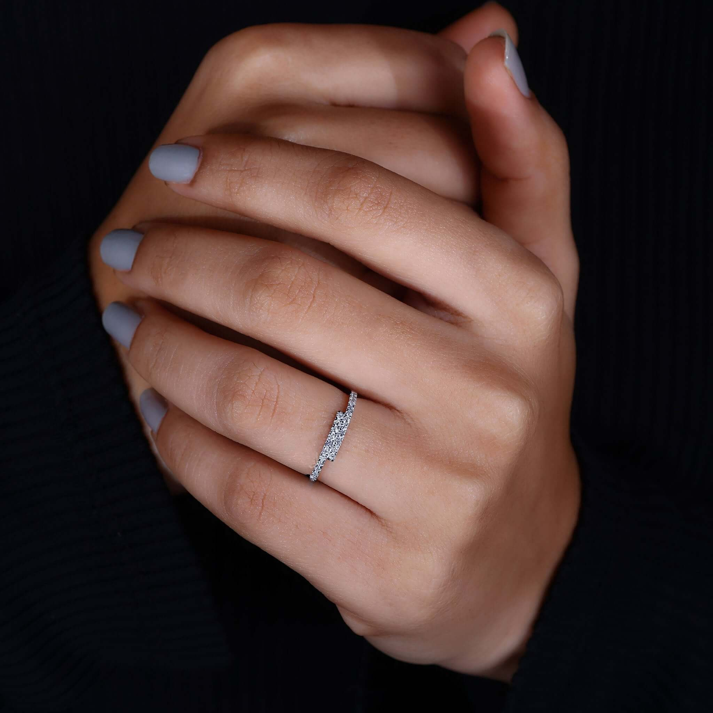 Round Lab Grown Diamond Bypass Setting Minimalist Wedding Band