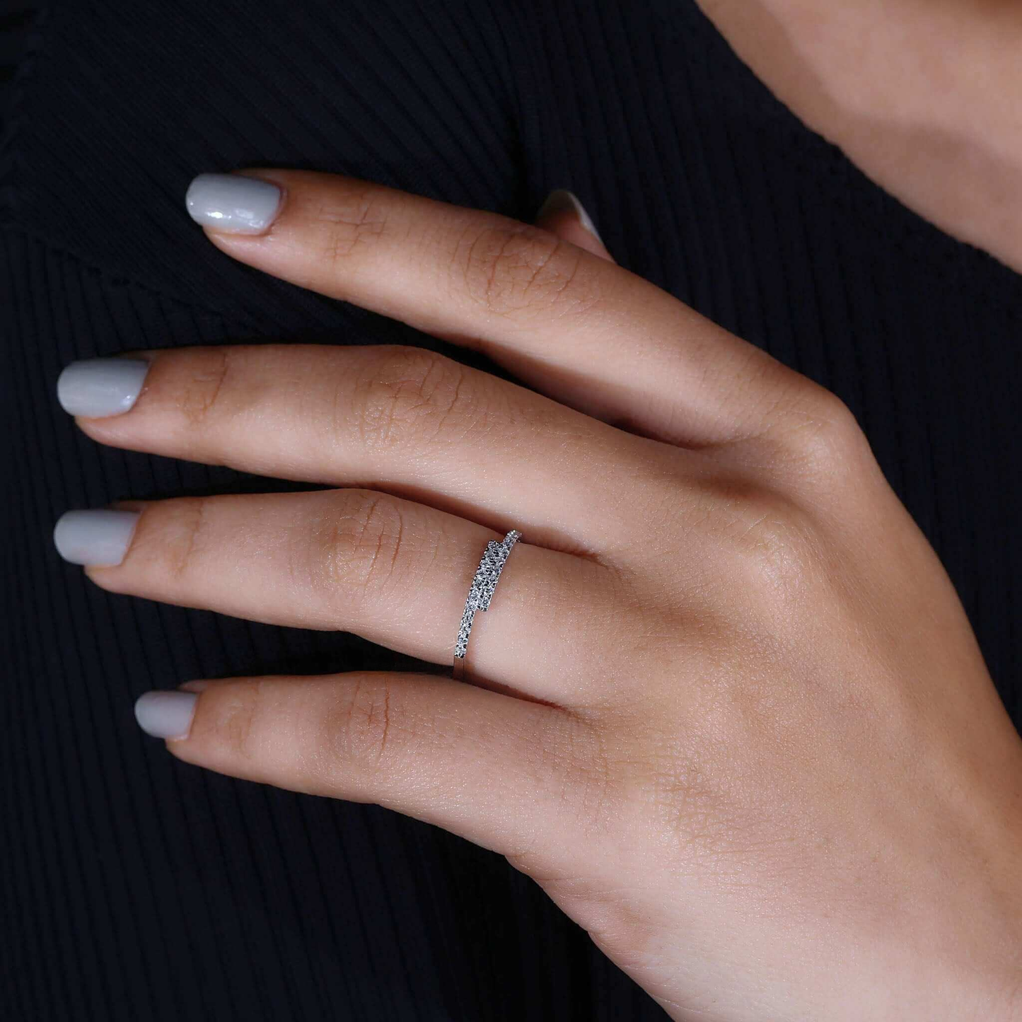 Round Lab Grown Diamond Bypass Setting Minimalist Wedding Band