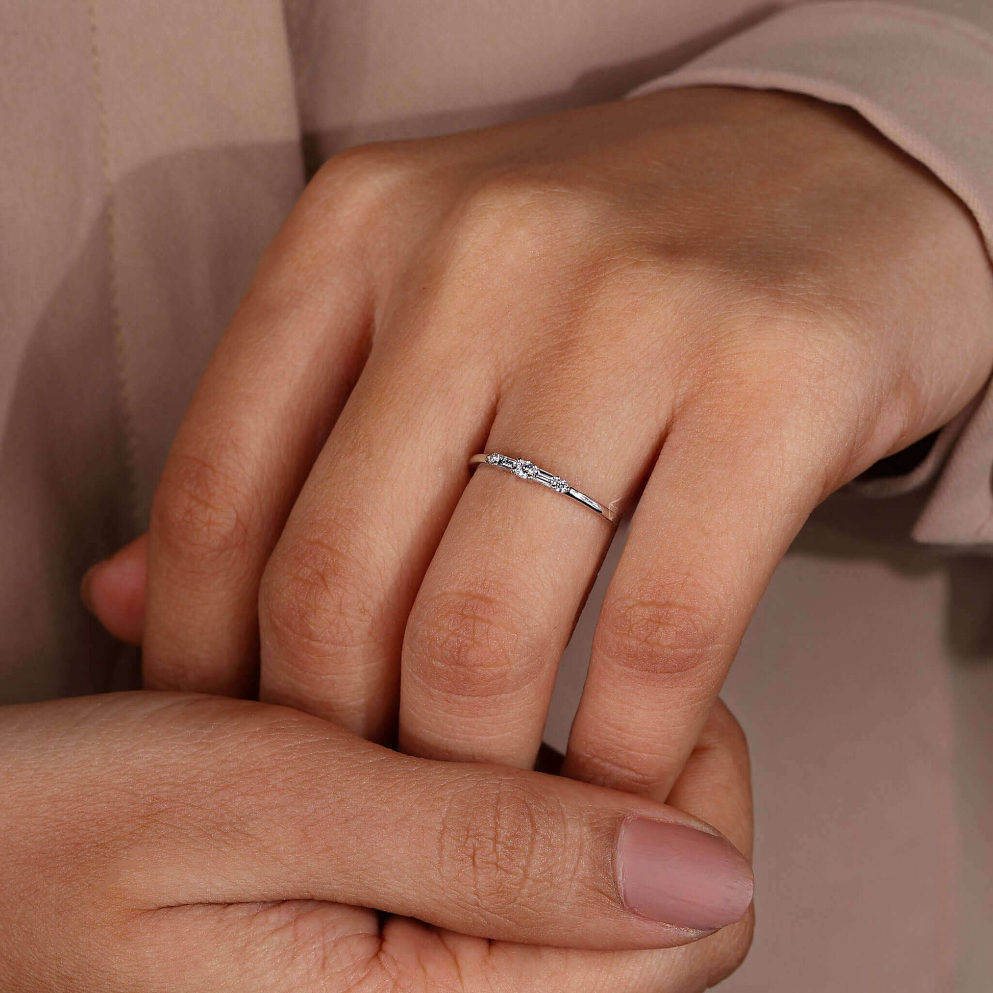 Round and Baguette Cut Lab Grown Diamond Promise Ring