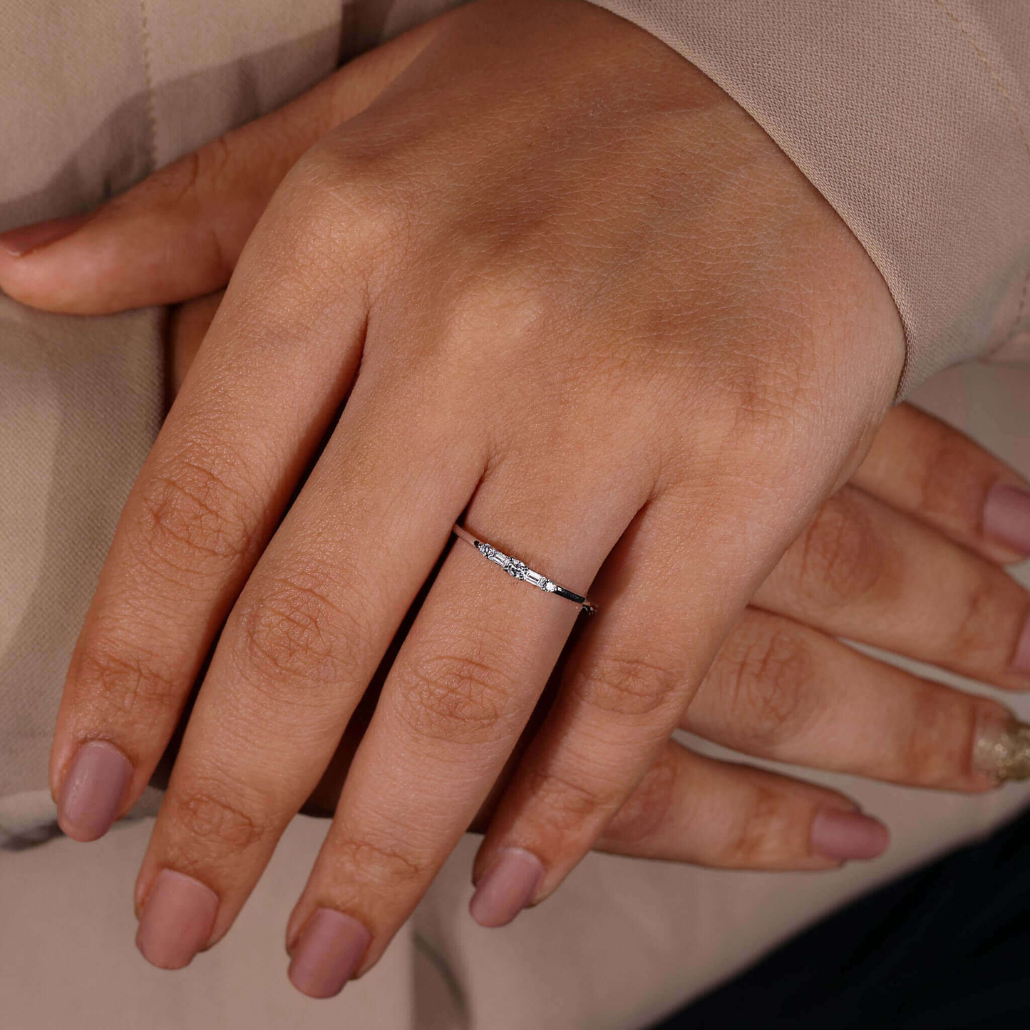 Round and Baguette Cut Lab Grown Diamond Promise Ring