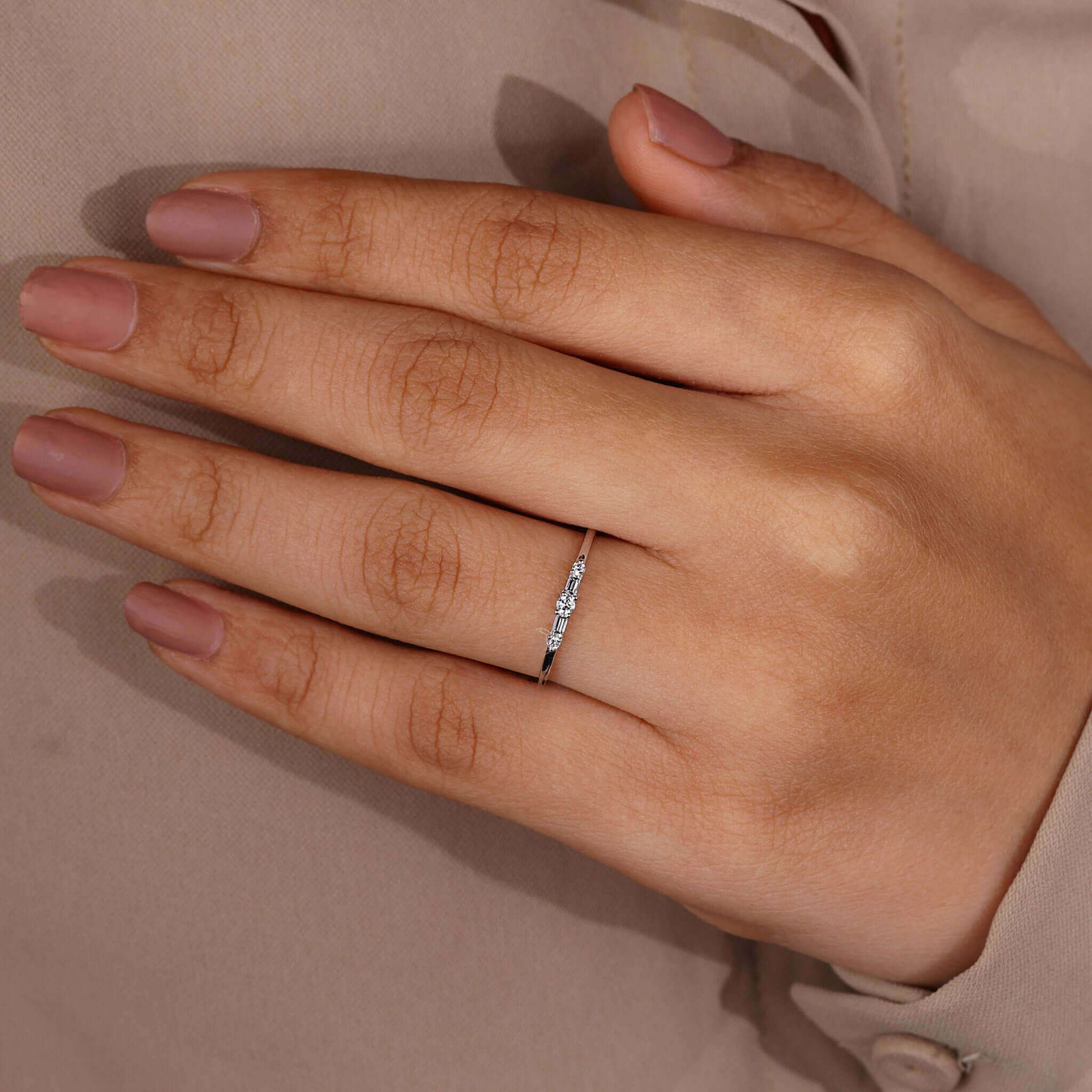 Round and Baguette Cut Lab Grown Diamond Promise Ring