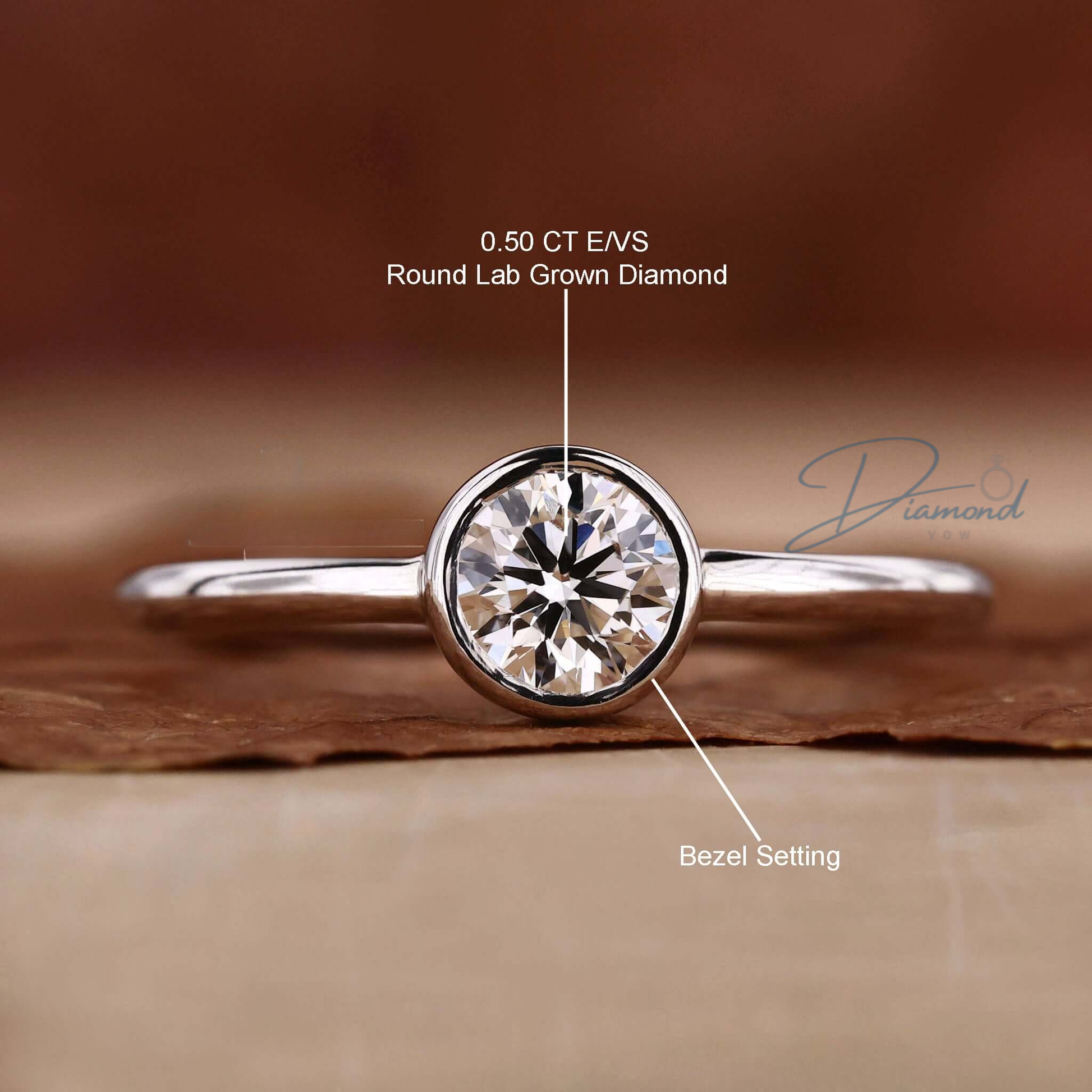 Round Bezel Set Engagement Ring, Lab Grown Diamond Ring