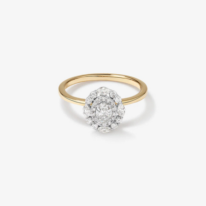 0.61 Carat TW Oval Cut Diamond Marquise and Round Brilliant Halo Engagement Ring in 14kt Yellow and White Gold
