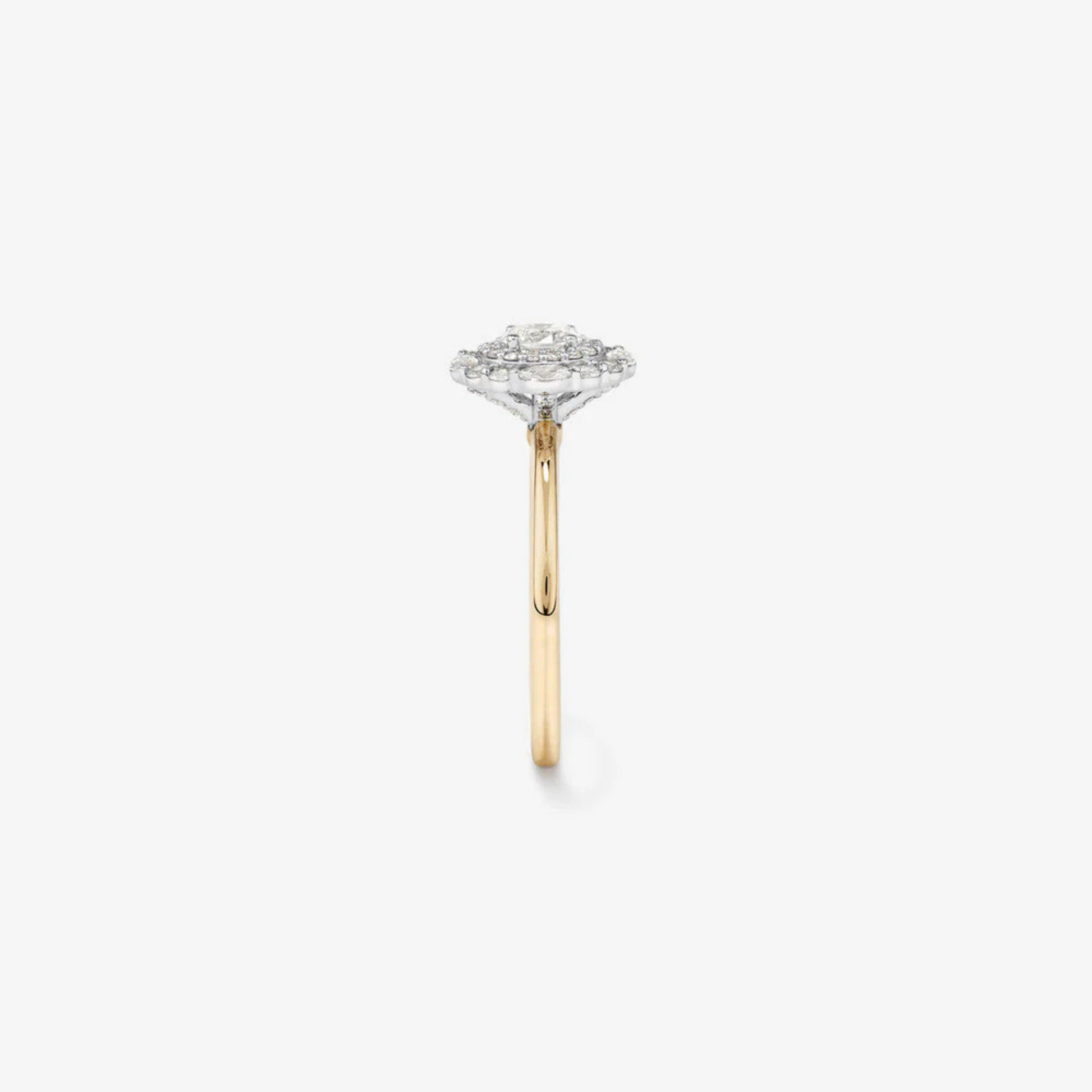 0.61 Carat TW Oval Cut Diamond Marquise and Round Brilliant Halo Engagement Ring in 14kt Yellow and White Gold