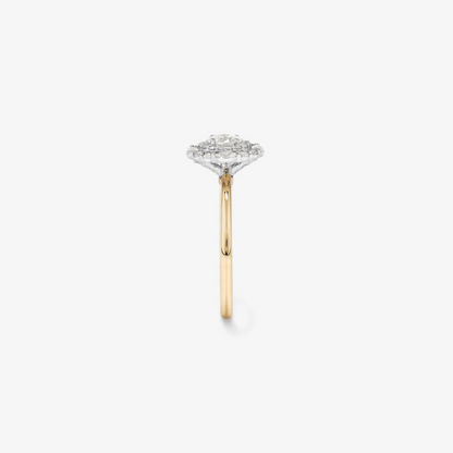 0.61 Carat TW Oval Cut Diamond Marquise and Round Brilliant Halo Engagement Ring in 14kt Yellow and White Gold
