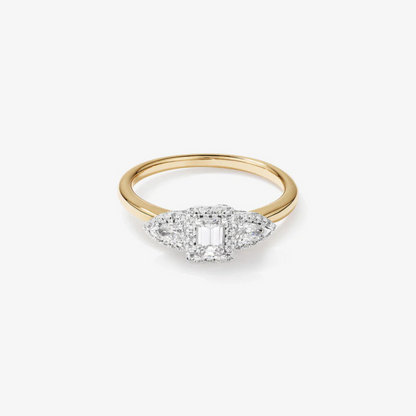 0.69 Carat TW Three Stone Emerald and Pear Cut Diamond Halo Engagement Ring in 14kt Yellow and White Gold