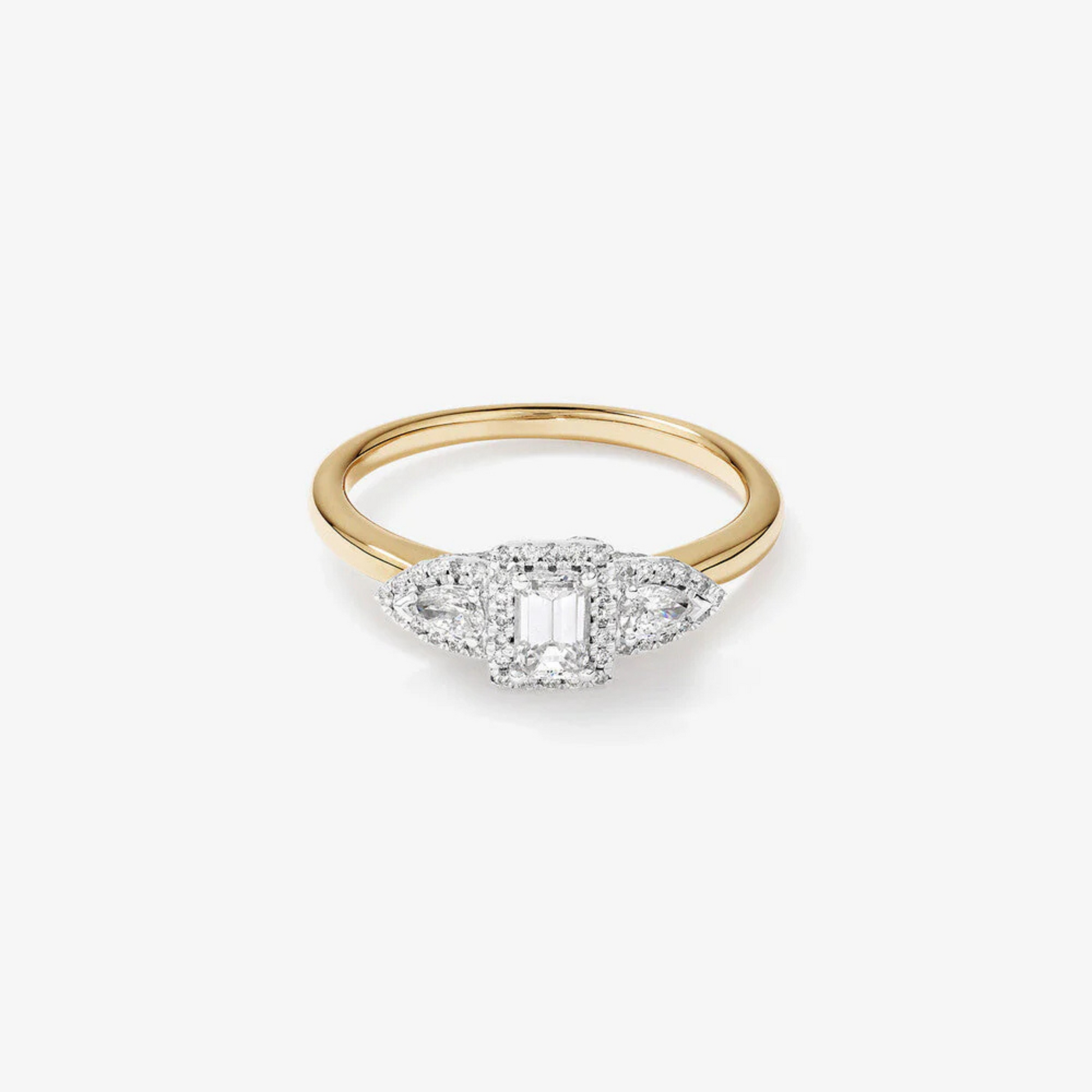 0.69 Carat TW Three Stone Emerald and Pear Cut Diamond Halo Engagement Ring in 14kt Yellow and White Gold