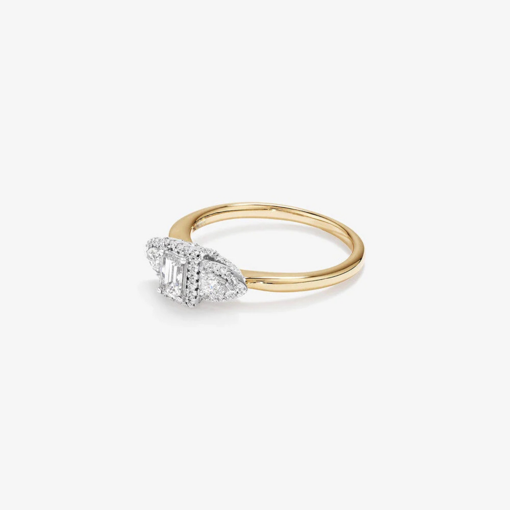 0.69 Carat TW Three Stone Emerald and Pear Cut Diamond Halo Engagement Ring in 14kt Yellow and White Gold