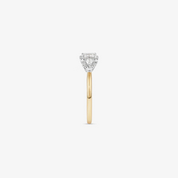 0.69 Carat TW Three Stone Emerald and Pear Cut Diamond Halo Engagement Ring in 14kt Yellow and White Gold
