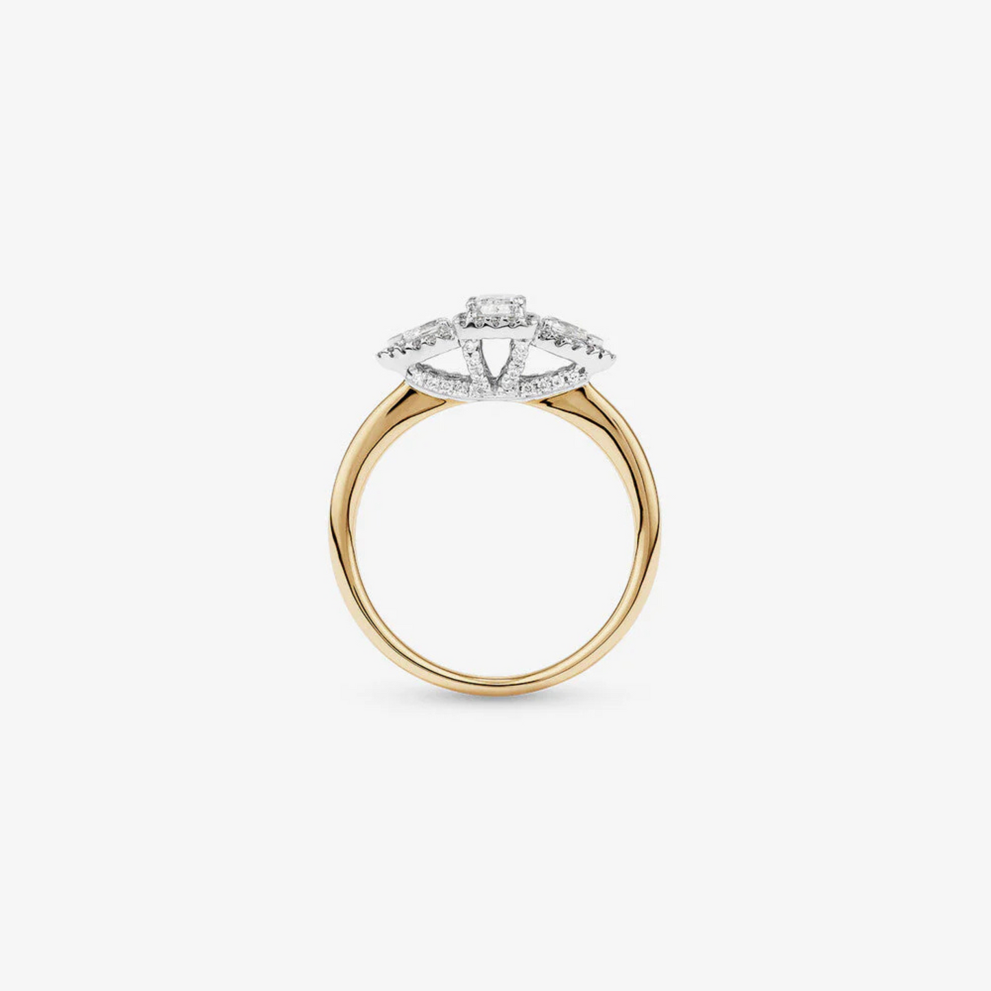0.69 Carat TW Three Stone Emerald and Pear Cut Diamond Halo Engagement Ring in 14kt Yellow and White Gold