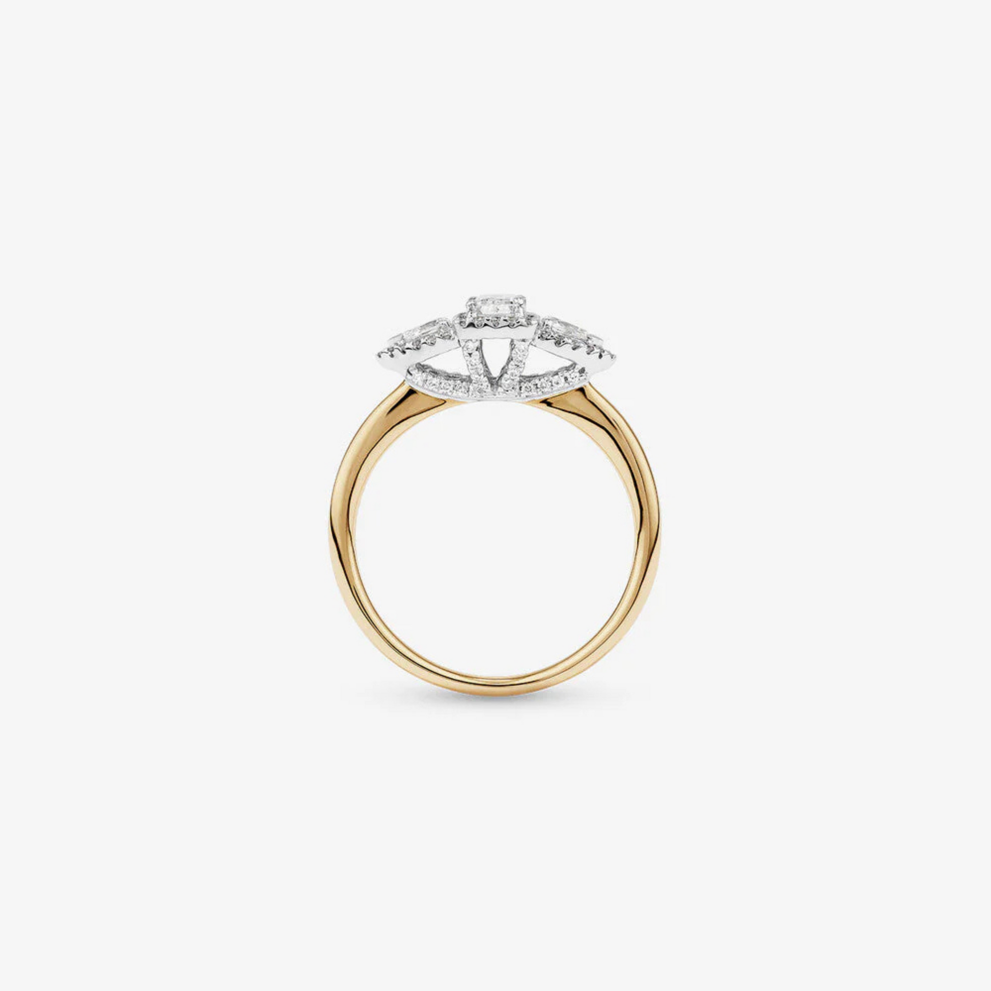 0.69 Carat TW Three Stone Emerald and Pear Cut Diamond Halo Engagement Ring in 14kt Yellow and White Gold
