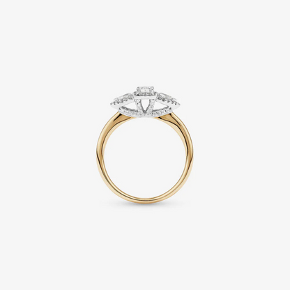 0.69 Carat TW Three Stone Emerald and Pear Cut Diamond Halo Engagement Ring in 14kt Yellow and White Gold