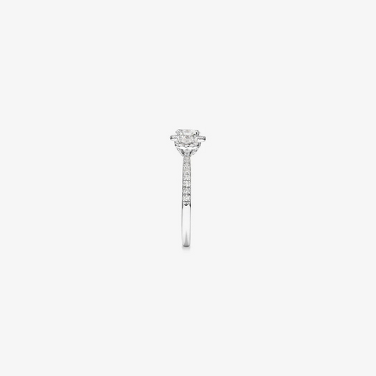 0.77 Carat TW Three Stone Oval Cut Halo Engagement Ring in 14kt White Gold