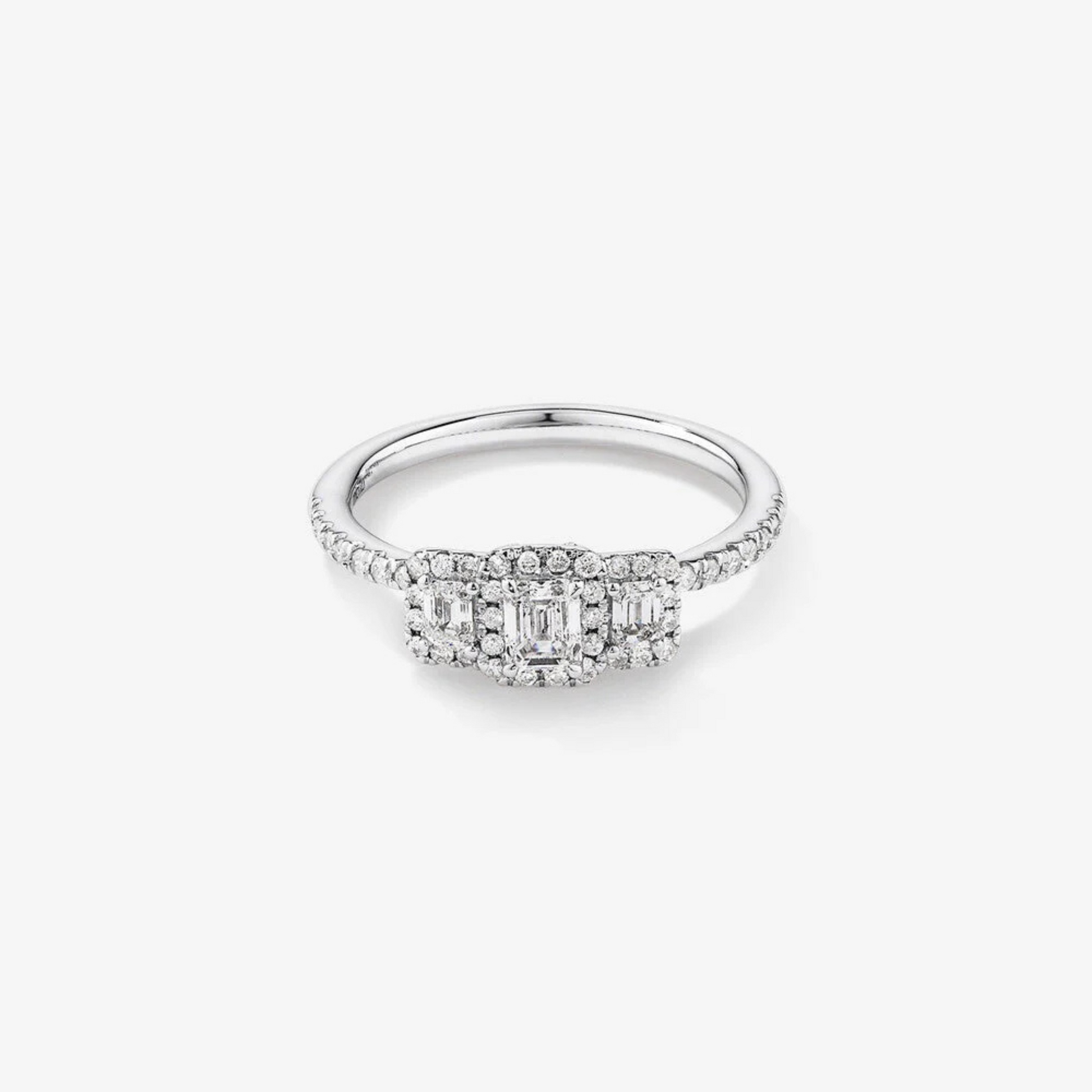 0.80 Carat TW Three Stone Emerald Cut Halo Engagement Ring in 14kt White Gold