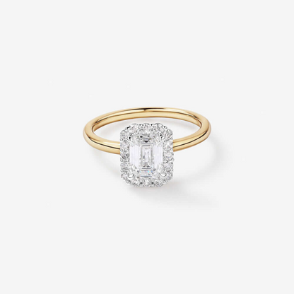 1.46 Carat TW Emerald Cut Laboratory-Grown Diamond Halo Engagement Ring in 14kt Yellow and White Gold