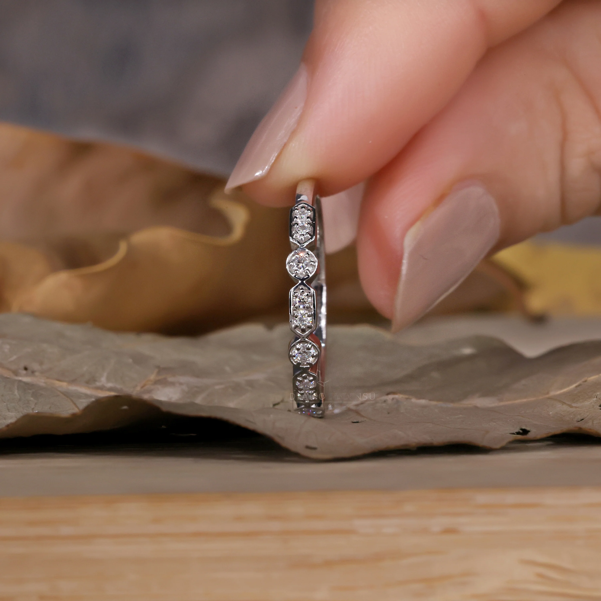 Art Deco Style Band, Round Lab Created Diamond Wedding Band, Stackable Band
