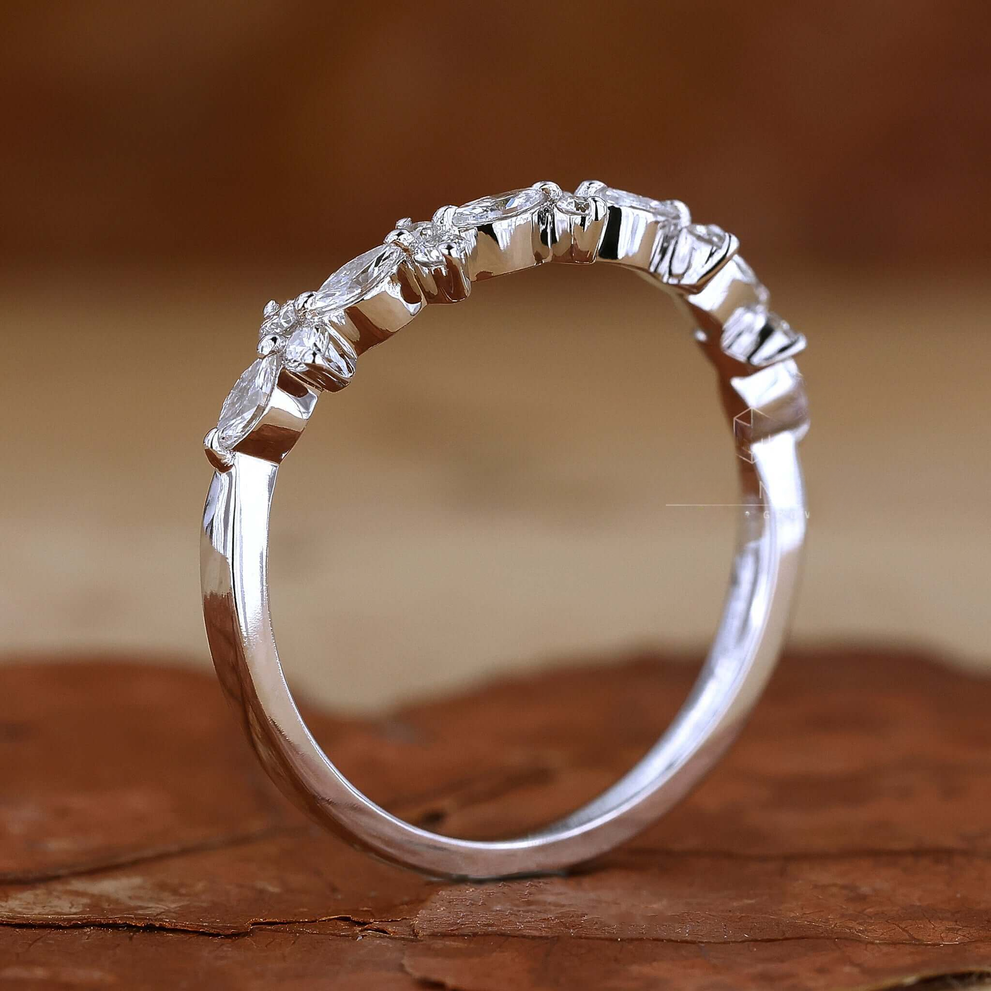 Marquise and Round Cut Lab Grown Diamond Curved Wedding Band
