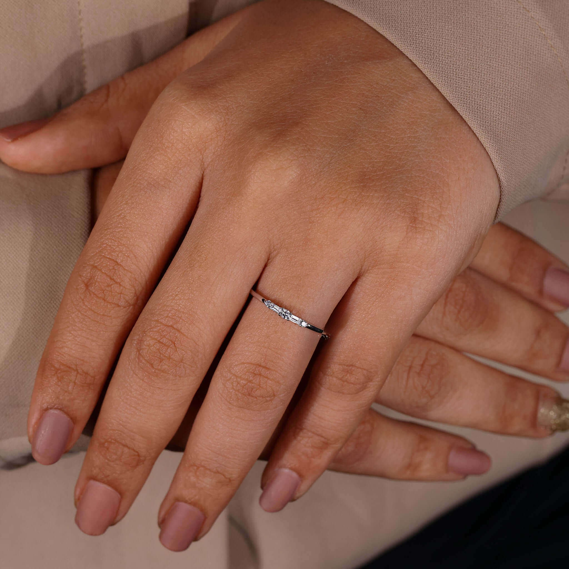 Round and Baguette Cut Lab Grown Diamond Promise Ring