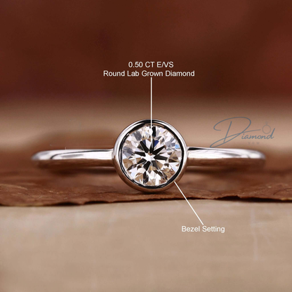 Round Bezel Set Engagement Ring, Lab Grown Diamond Ring